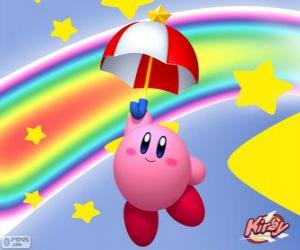 Puzzle Kirby με μια ομπρέλα που εκτελούν πτήσεις ανάμεσα στα αστέρια και το ουράνιο τόξο